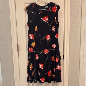 Sleeveless Midi Dress in Black with Red Floral Print